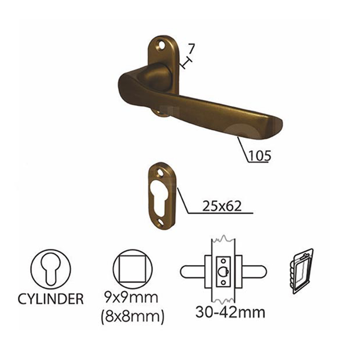 Slika Kvaka rozeta za metalna vrata DABEL KLEK F4 bronzana 25/62/7/105/9 mm cilindar 0101578
